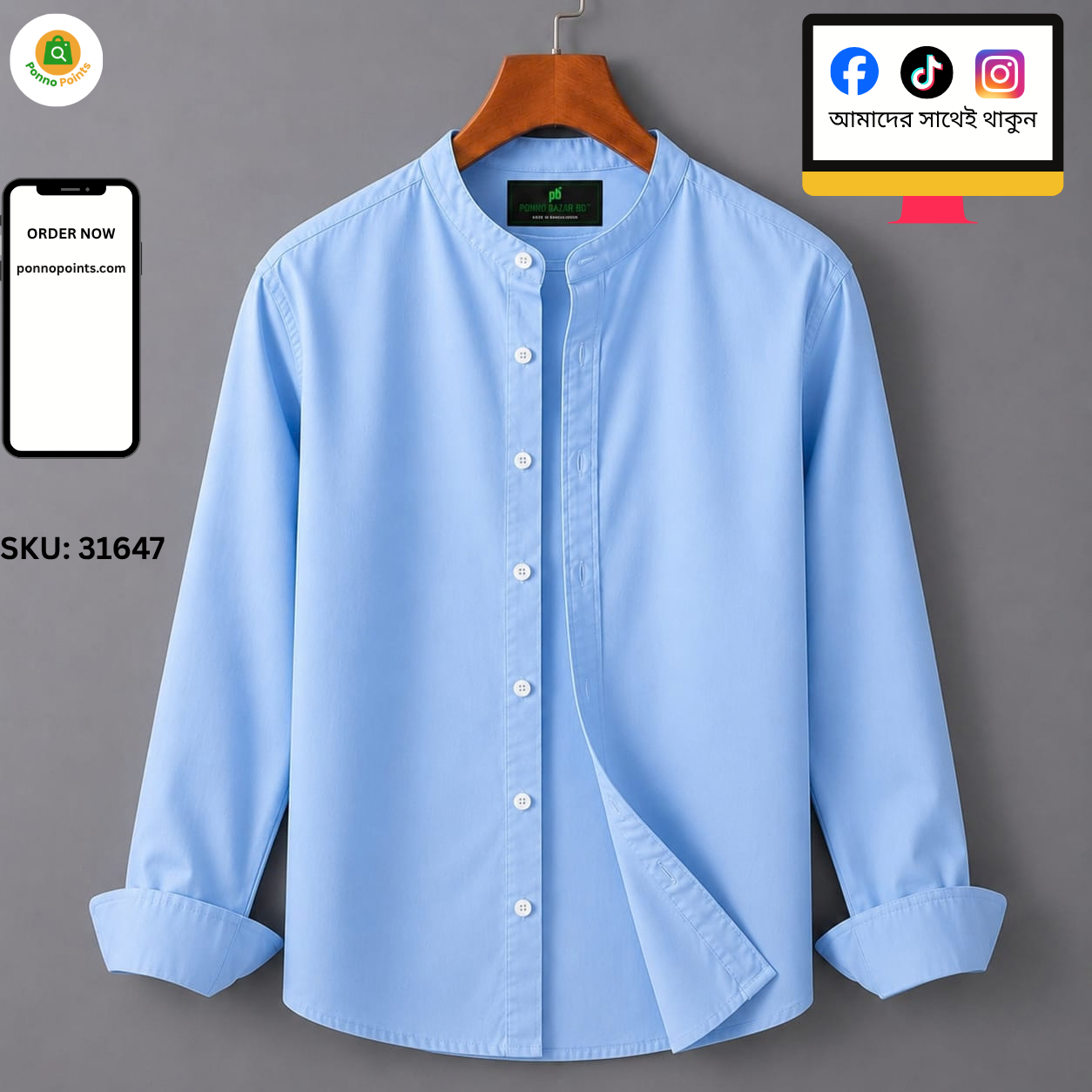 Premium Oxford Cotton Shirt - Ban Collar - Full Sleeve - Image 2