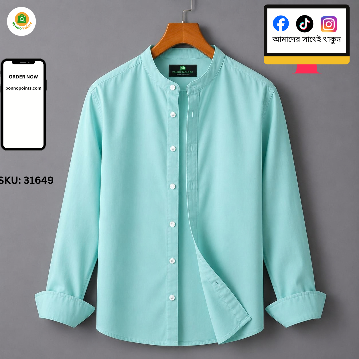 Premium Oxford Cotton Shirt - Ban Collar - Full Sleeve - Image 4