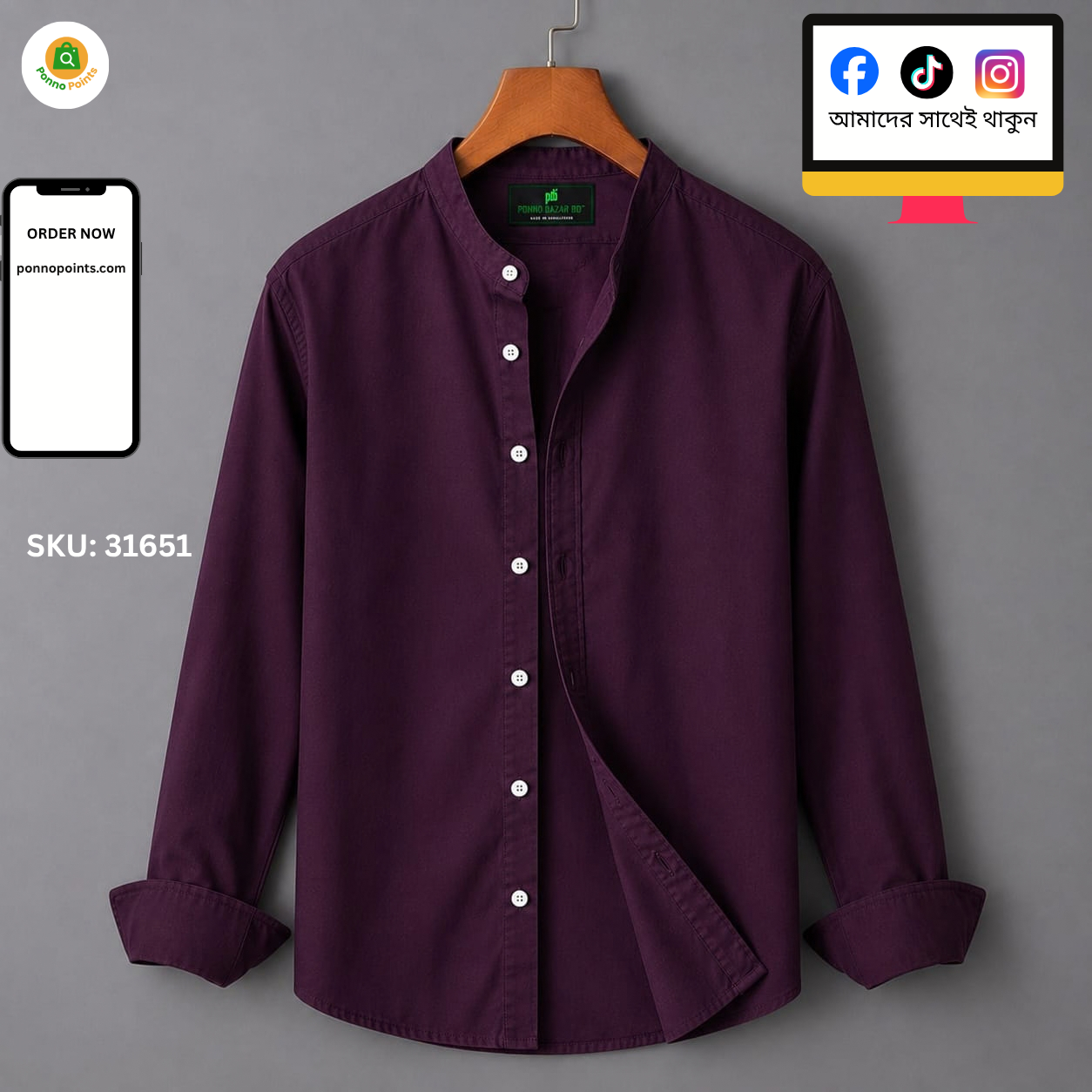 Premium Oxford Cotton Shirt - Ban Collar - Full Sleeve